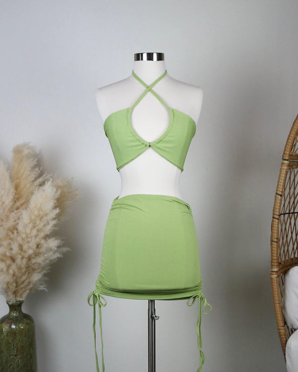 skirt set - two piece - halter top - ribbed - ruched side - cut out - green