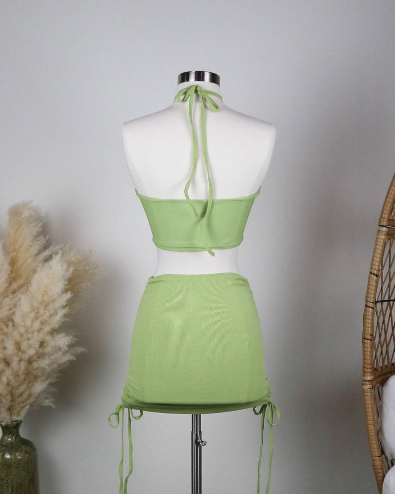 Ribbed Knit Halter Ruched Skirt Set in Green