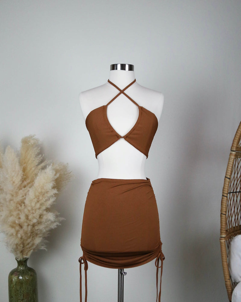 skirt set - two piece - halter top - ribbed - ruched side - cut out - brown