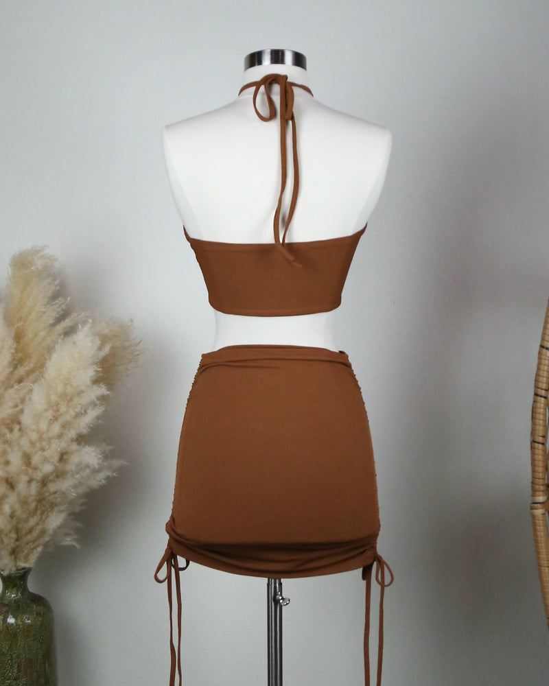 Ribbed Knit Halter Ruched Skirt Set in Brown