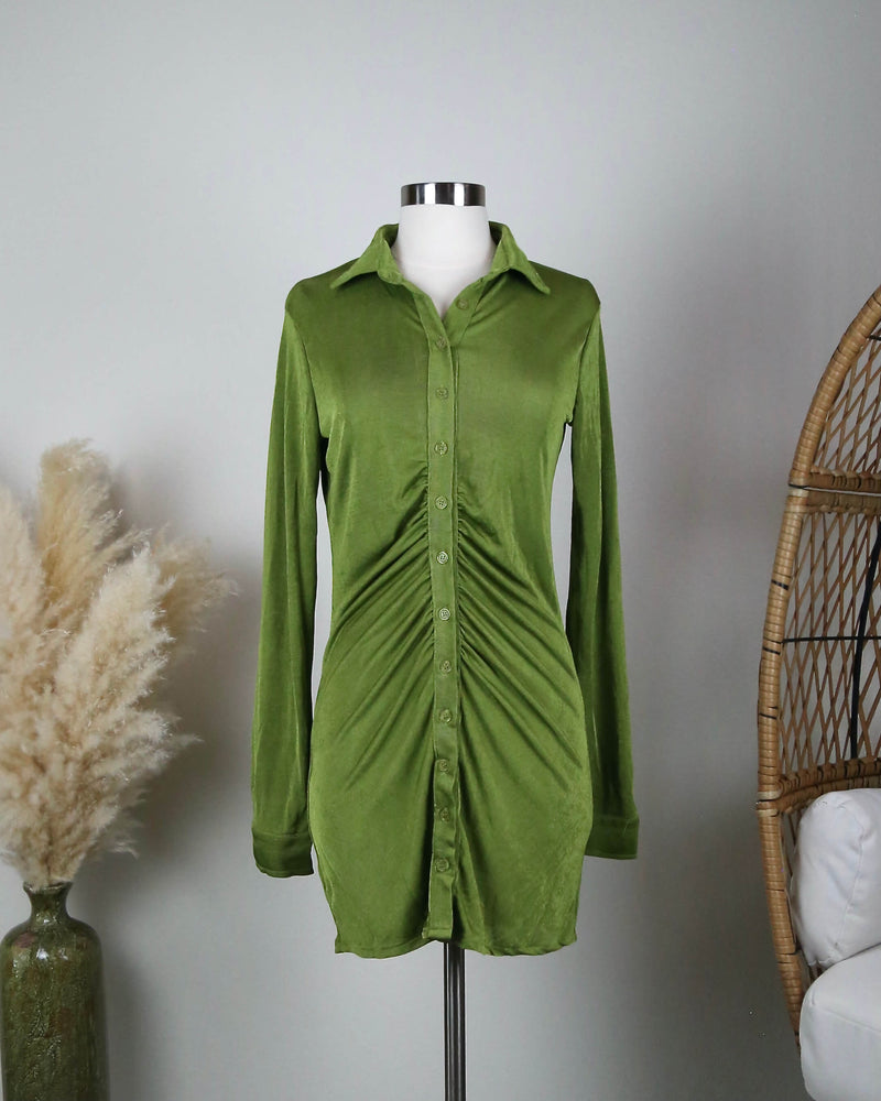 shirt dress - crushed velvet - ruched - body con - green