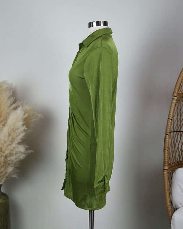 Slinky Ruched Shirt Dress in Shimmer Green
