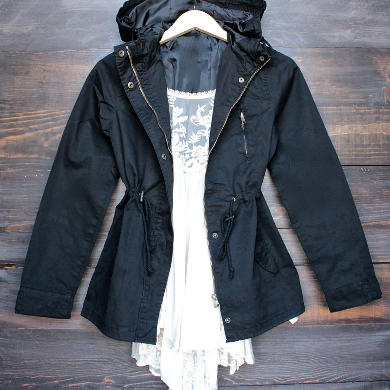 womens hooded utility parka jacket with drawstring waist in black - shophearts - 1