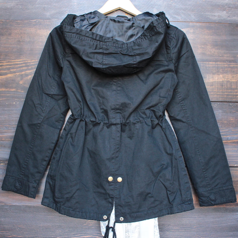 womens hooded utility parka jacket with drawstring waist in black - shophearts - 2