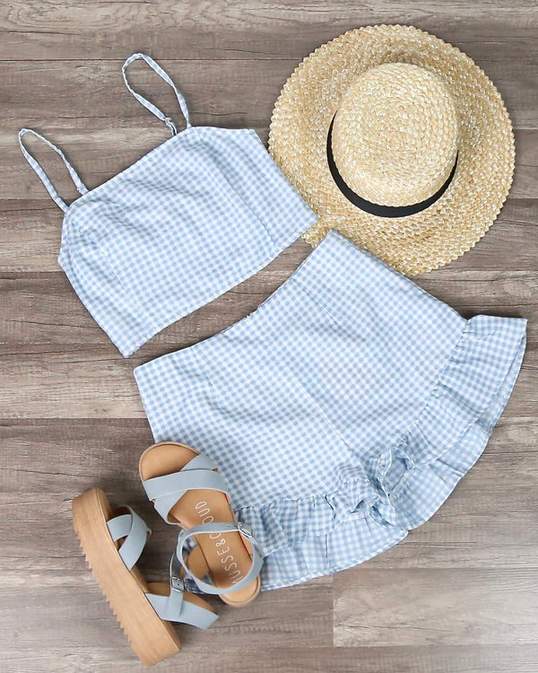 Final Sale - MINKPINK - Toto Gingham Chambray Top and Shorts Separates in Chambray & White
