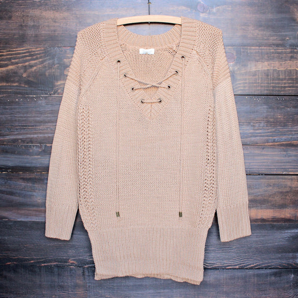 lace-up knit sweater in tan - shophearts - 1
