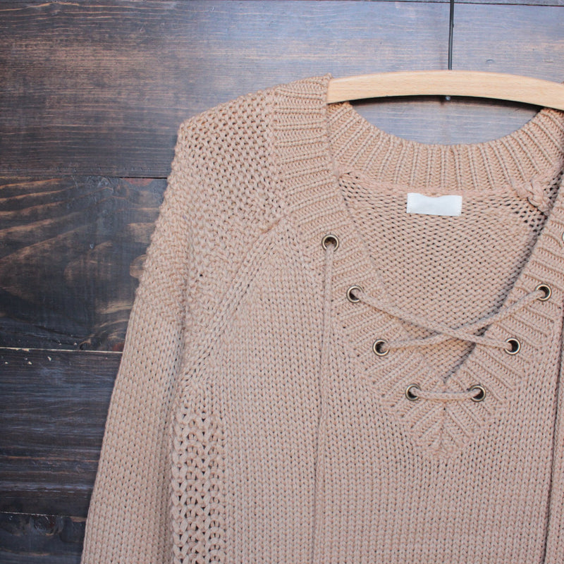 lace-up knit sweater in tan - shophearts - 3