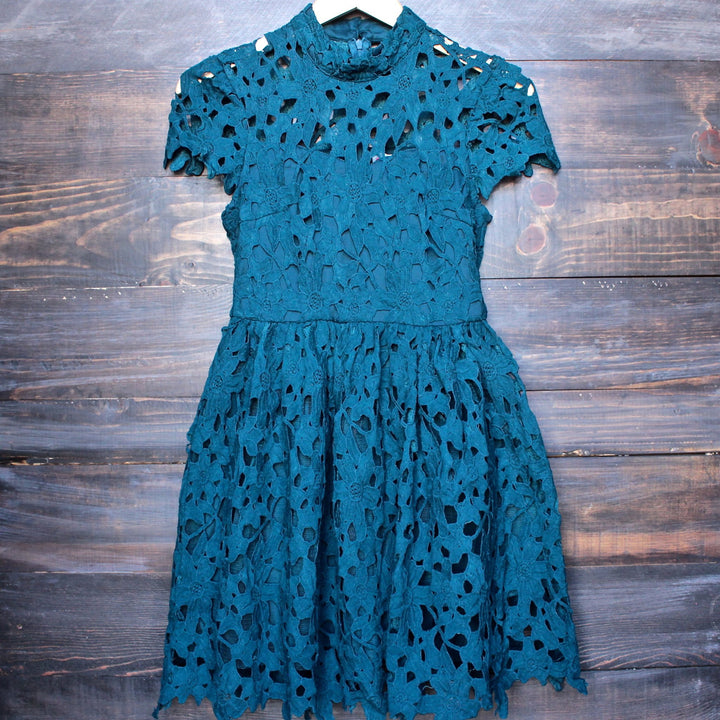 final sale - floral lace applique dress with cap sleeves in teal - shophearts - 2