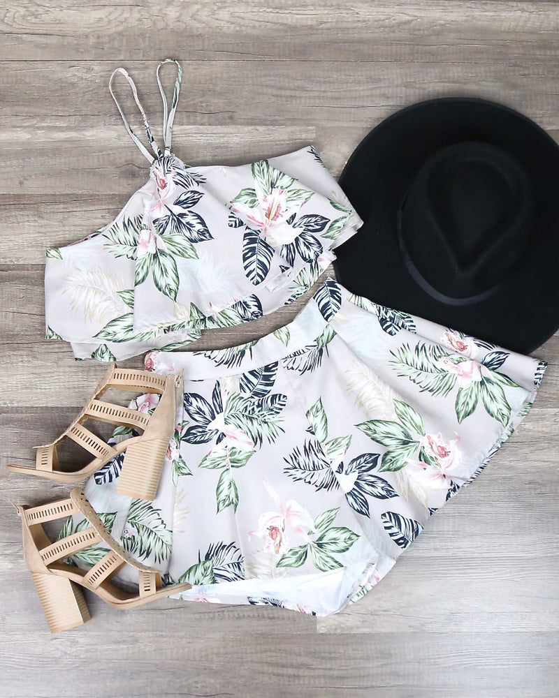 FINAL SALE - In the Moment Two Piece Floral Halter Set in Taupe