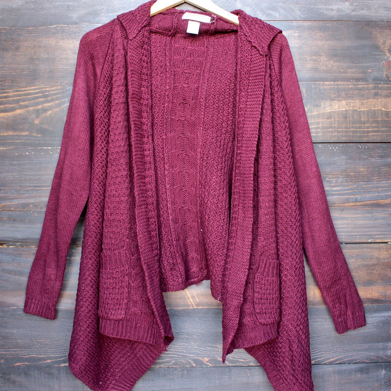 open front knit cardigan with hood in burgundy - shophearts - 2