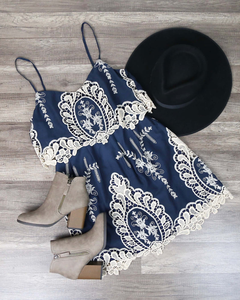 A Hint of Vintage Victorial Lace Dress in Navy and Cream