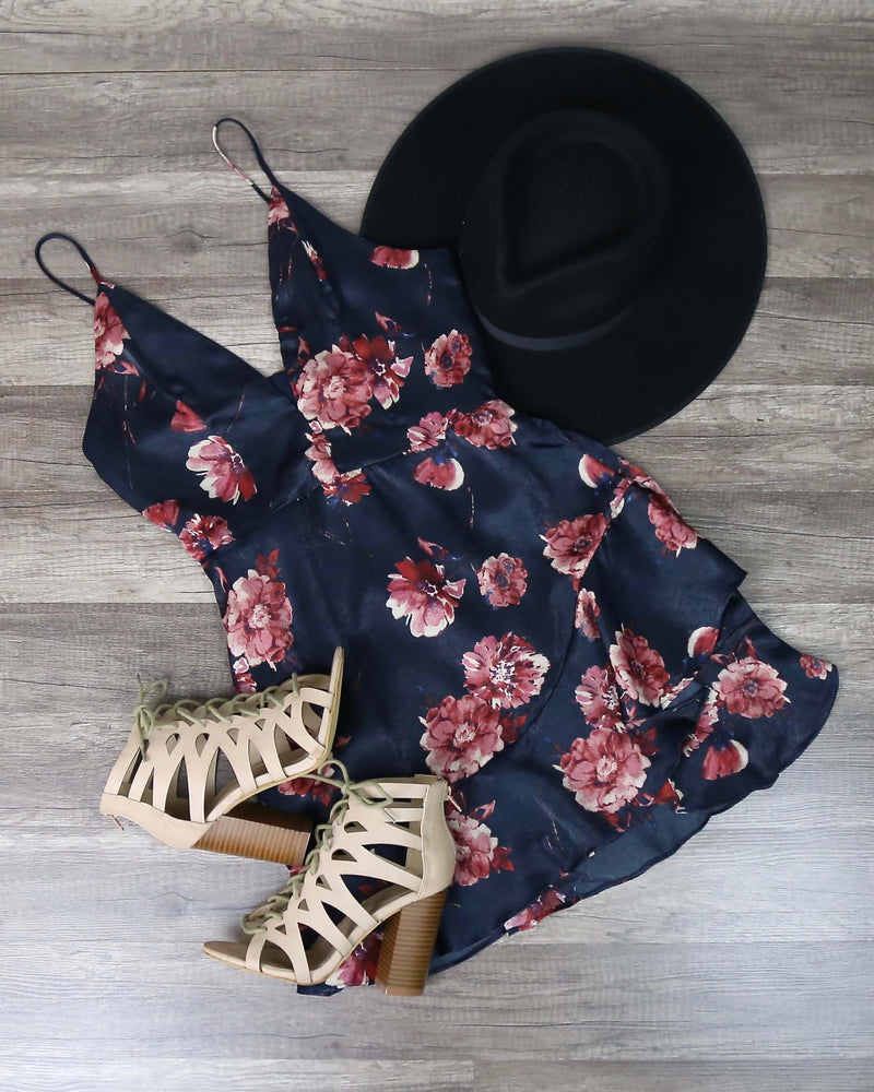 Cotton Candy LA - Floral Mini Dress with Asymmetrical Ruffle Hem in Navy
