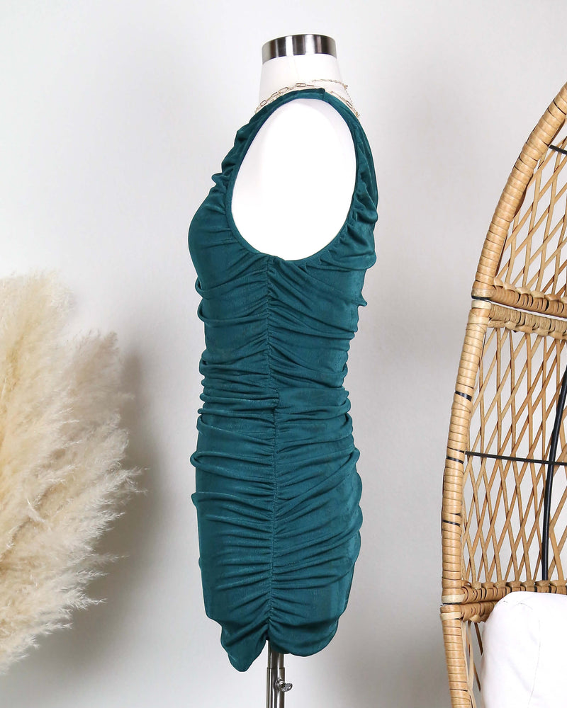 The Goddess Ruched One Shoulder Mini Dress in More Colors