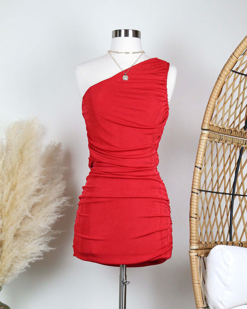 The Goddess Ruched One Shoulder Mini Dress in More Colors