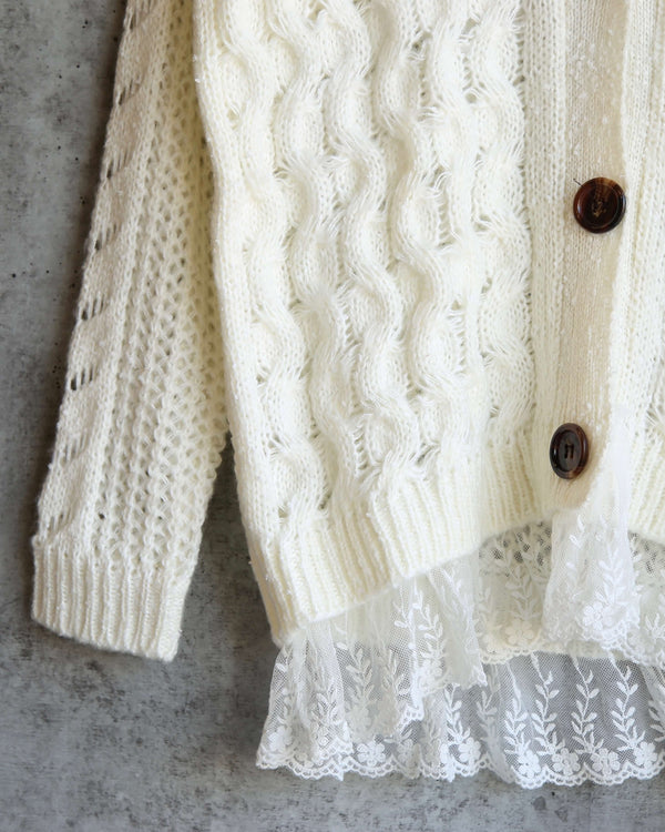 Final Sale - Oversized Cable-Knit Cardigan with Lace Trim in Ivory