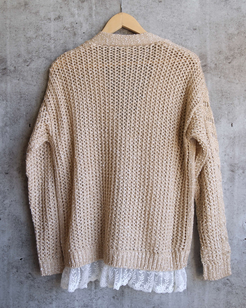 Final Sale - POL Oversize Cable Knit Cardigan with Lace Trim - Tan