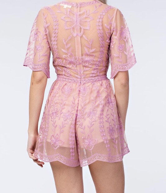 Honey Punch - As You Wish Contrasting Embroidered Lace Romper in Blush