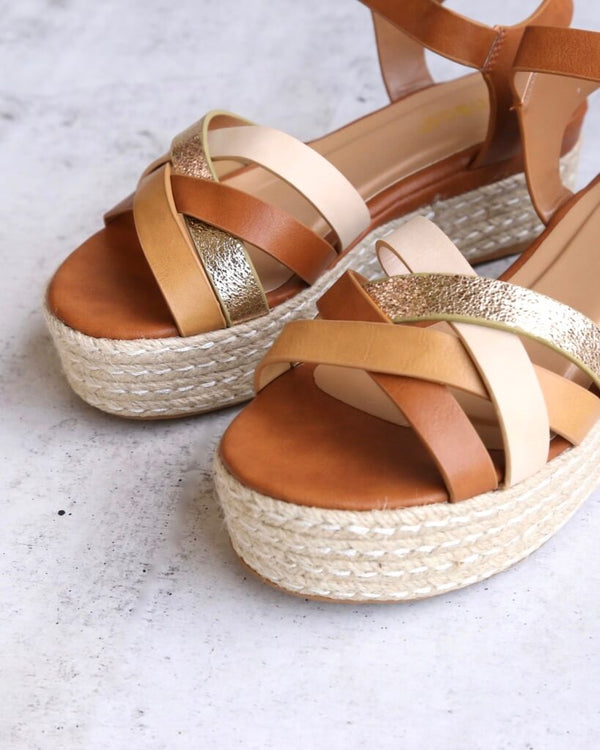 Criss Cross Strappy Band Espadrilles Platform Sandal with Ankle Strap - Tan Multi