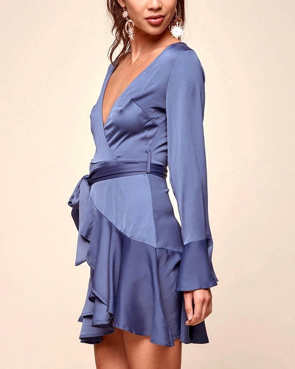 Into You Satin Flared Sleeves Peek A Boo Back Mini Wrap Dress in Muted Blue