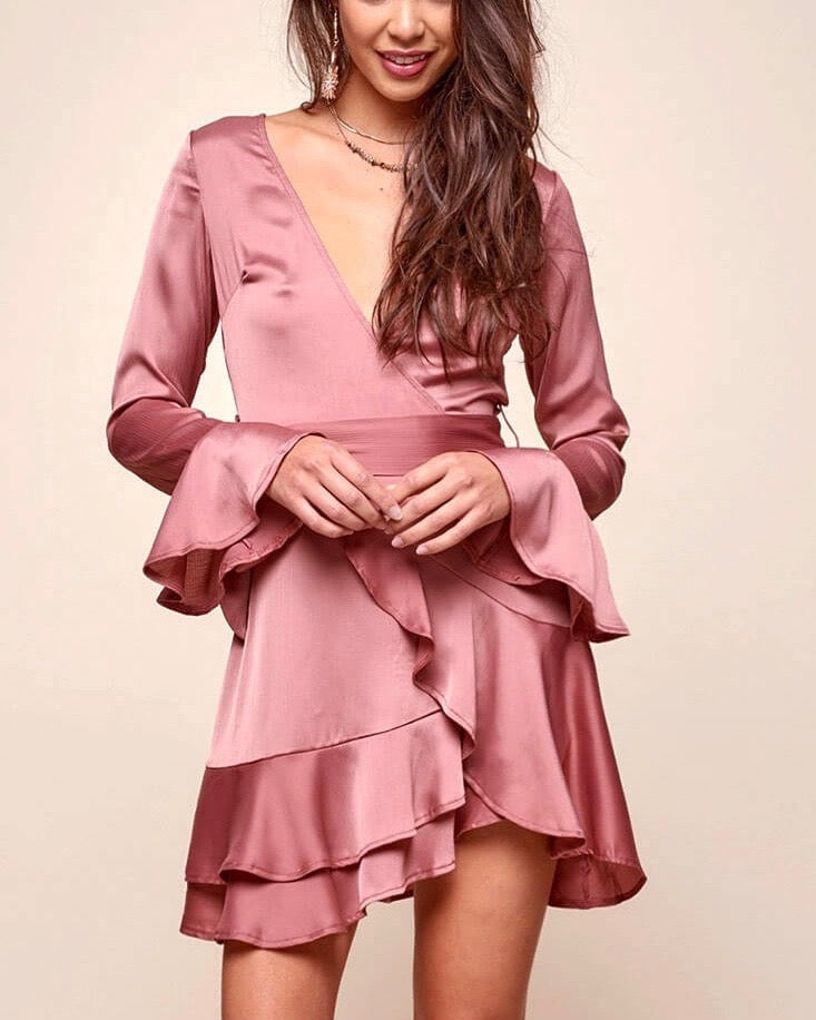 Into You Satin Flared Sleeves Peek A Boo Back Mini Wrap Dress in Muted Rose