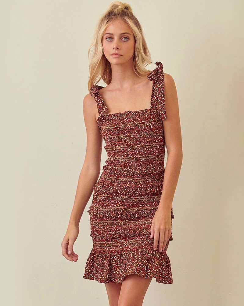 Floral Print Smocked Ruffle Dress with Tie Straps in Brown – Shop Hearts