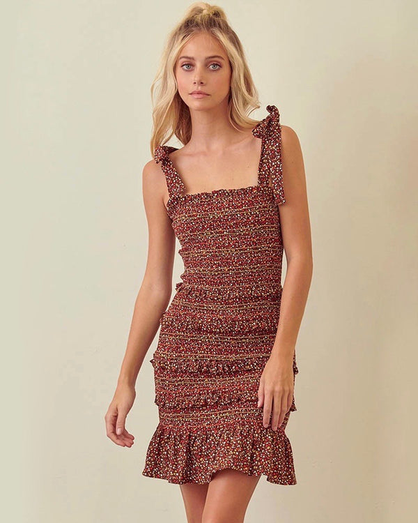 Floral Print Smocked Ruffle Dress with Tie Straps in Brown