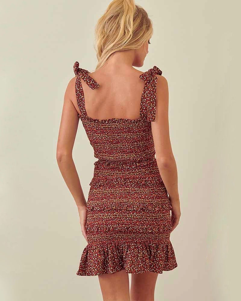 Floral Print Smocked Ruffle Dress with Tie Straps in Brown