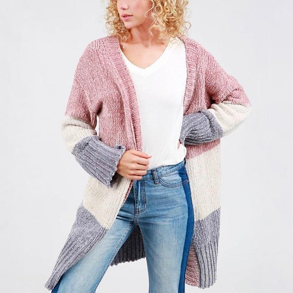 Darling Three-Tone Open Front Velvet Chenille Long Sleeve Sweater Cardigan in Canyon Rose