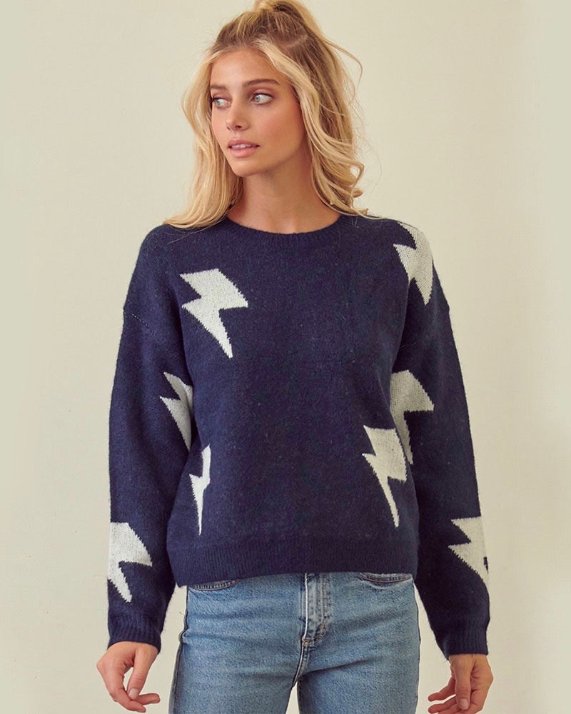 Zap! Zap! Lightning Bolt Patterned Knit Sweater with Drop Shoulders in More Colors