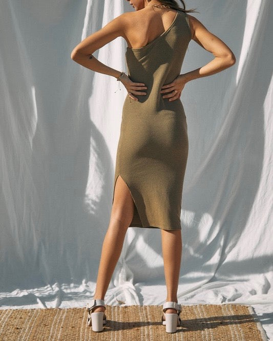 ribbed one shoulder midi dress Beige Ribbed Dress - One-Shoulder Dress - Bodycon Midi Dress