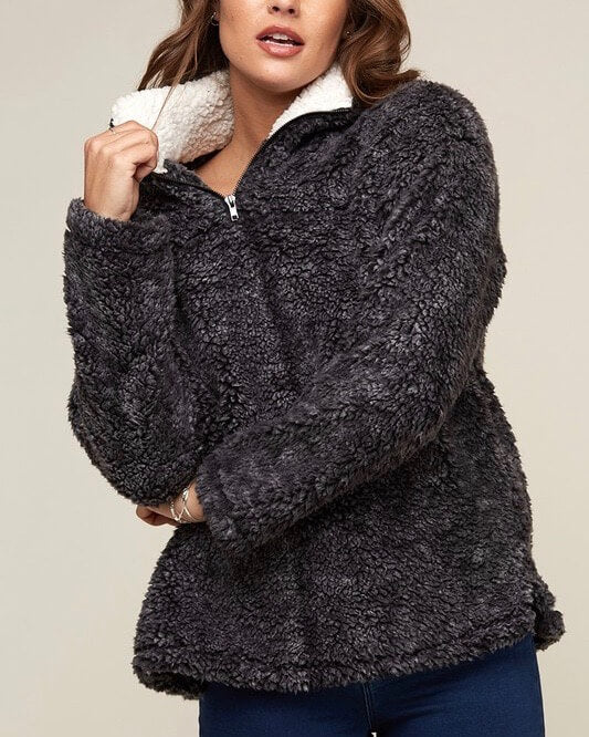 Final Sale - Two Tone Sherpa Half-Zip Pullover - Charcoal