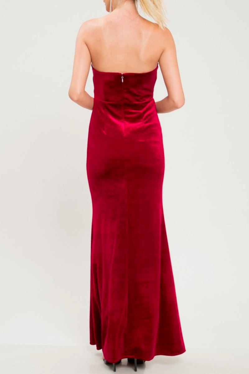 Twist Front Strapless Velvet Maxi Dress with Thigh High Slit in Burgundy