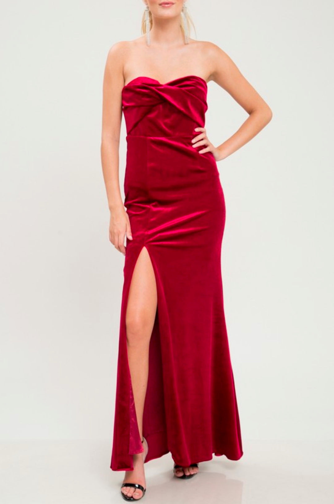 Twist Front Strapless Velvet Maxi Dress with Thigh High Slit in Burgun Shop Hearts Twist Front Strapless Velvet Maxi Dress with Thigh High Slit in Burgun Shop Hearts