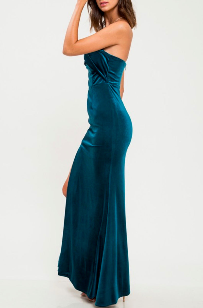 Final Sale - Twist Front Strapless Velvet Maxi Dress with Thigh High Slit in Teal
