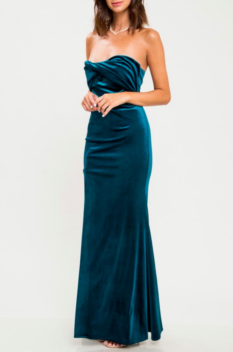 Final Sale - Twist Front Strapless Velvet Maxi Dress with Thigh High Slit in Teal