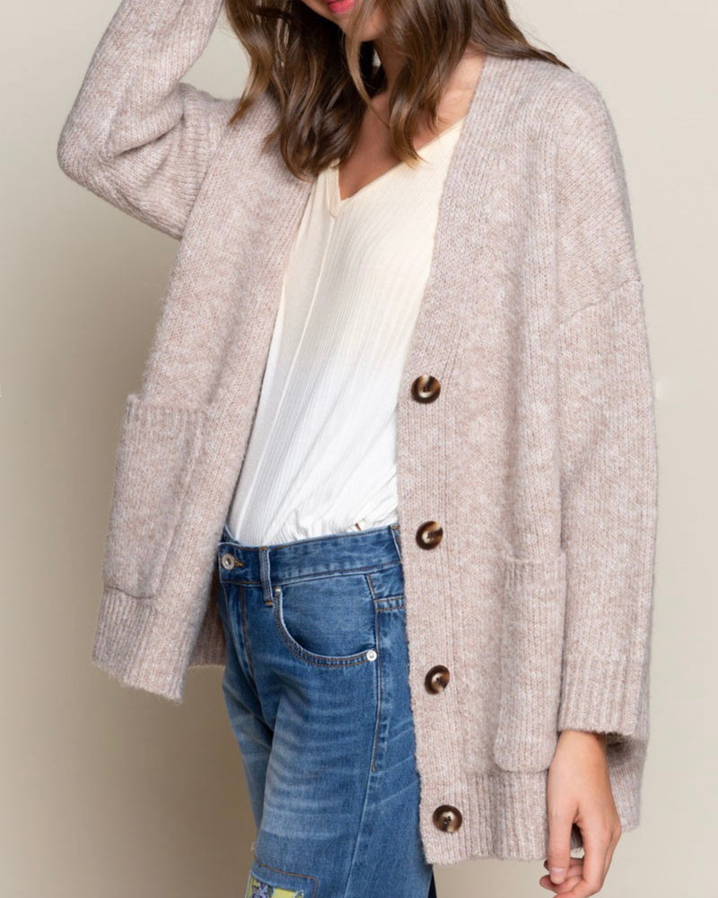 Ophelia Oversized Button Front Knit Cardigan in Wheat Grain