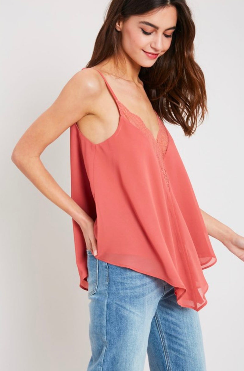 Lace Trimmed Lined Cami Tank Top in Ginger