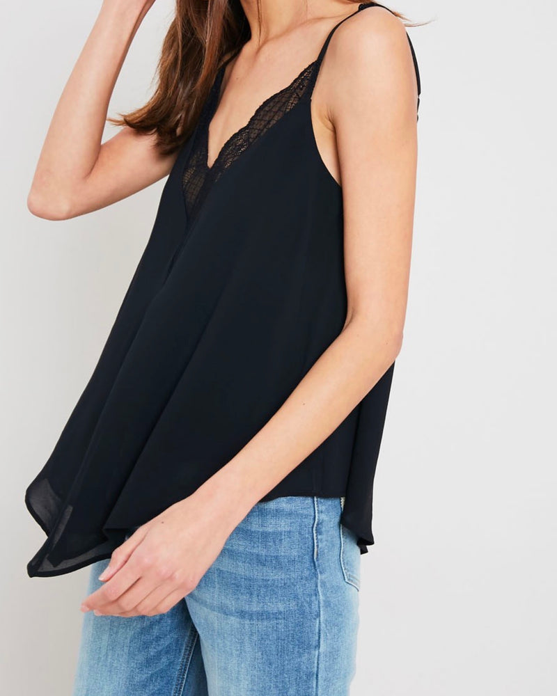 Lace Trimmed Lined Cami Tank Top in Black