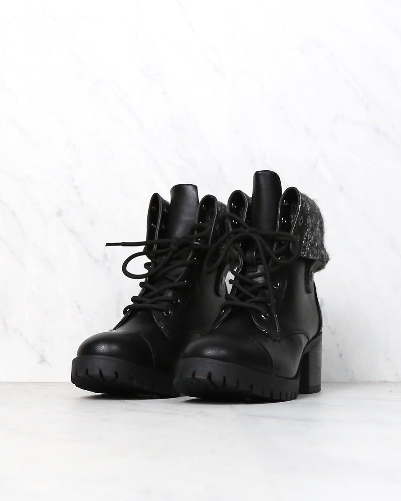 Combat Boots Black Boots With Sweater Cuff Leather Knit Sweater