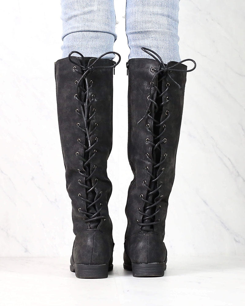 Laced Up Weathered Riding Boots in Black