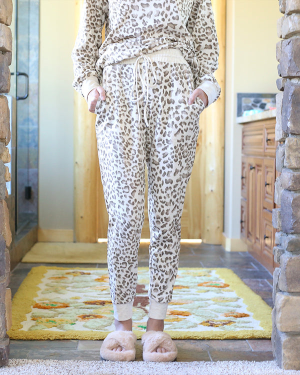 Leopard French Terry Lounge Wear Top and Bottoms Separate in Taupe