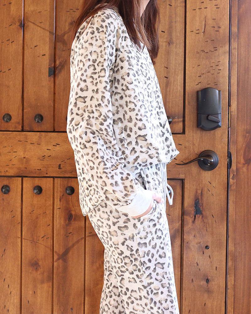 Leopard French Terry Lounge Wear Top and Bottoms Separate in Heather Grey