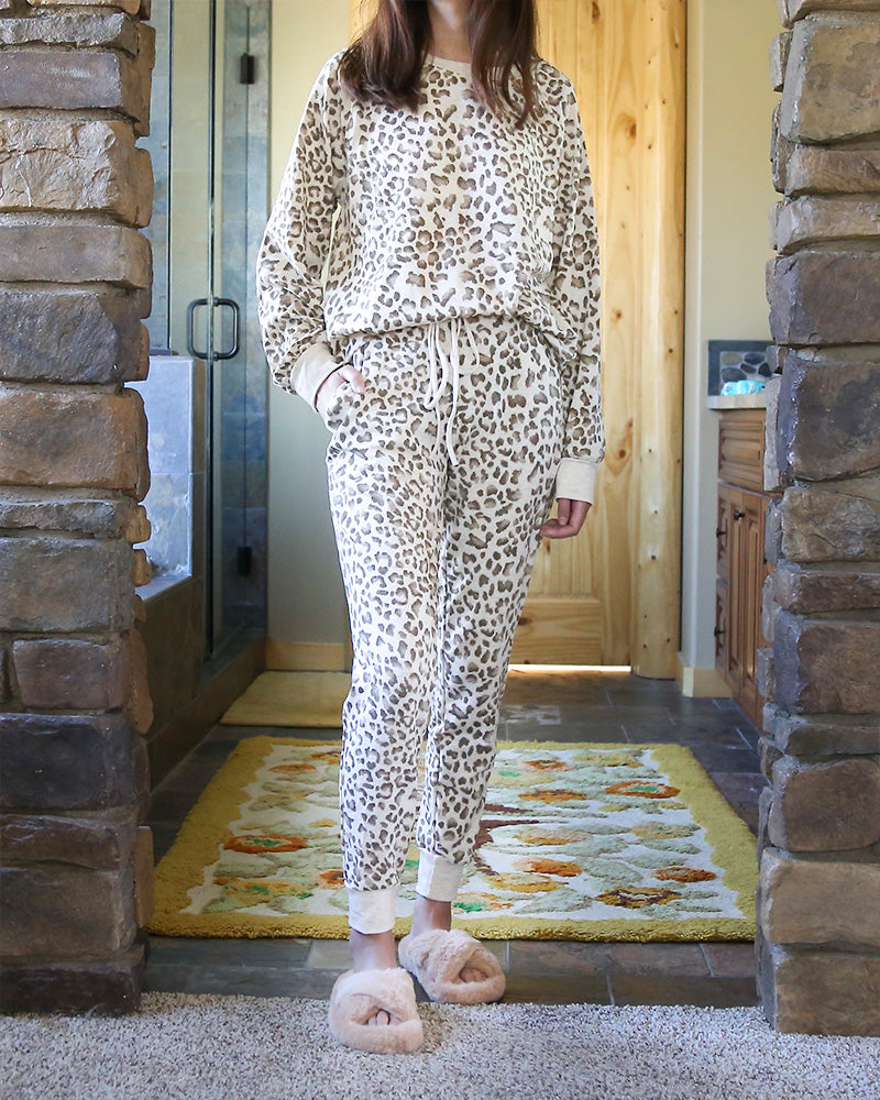 Leopard French Terry Lounge Wear Top and Bottoms Separate in Taupe