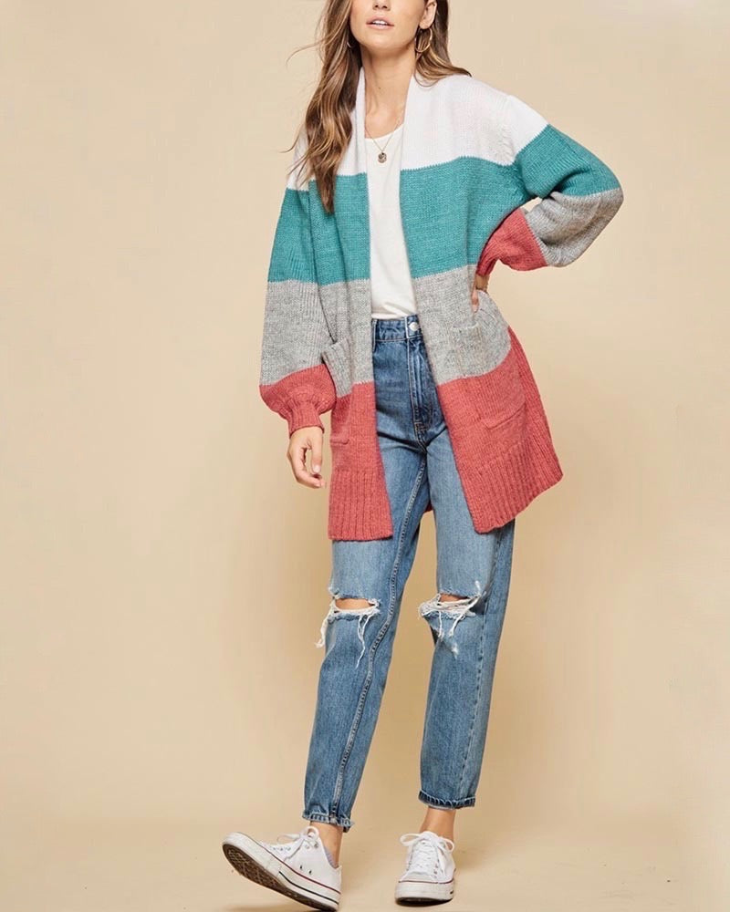 Open-Front Long-Line Colorblock Cardigan With Pockets - Mint