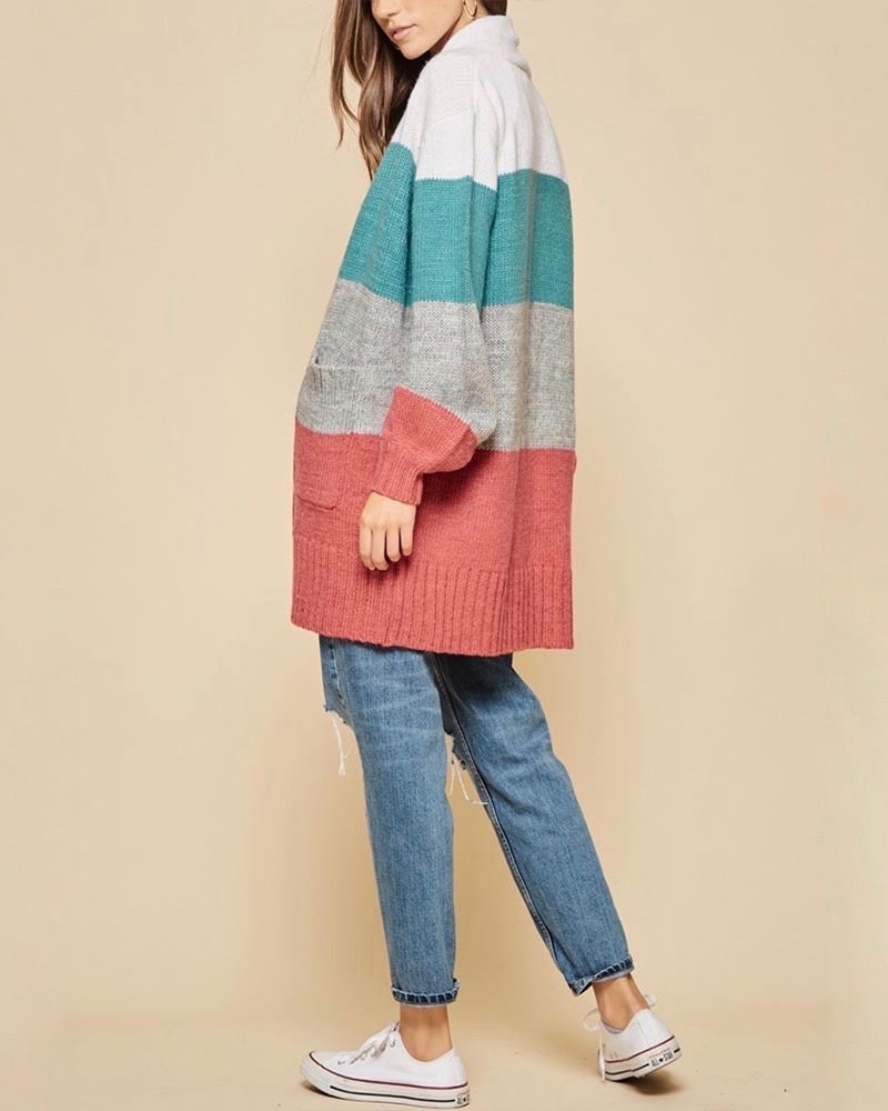 Open-Front Long-Line Colorblock Cardigan With Pockets - Mint