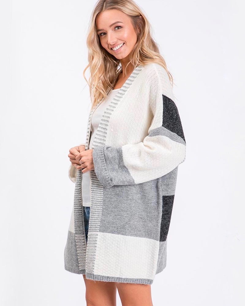 Long-Line Open-Front Greyscale Color Block Cardigan