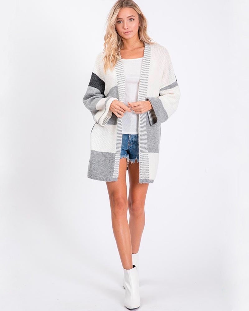 Long-Line Open-Front Greyscale Color Block Cardigan