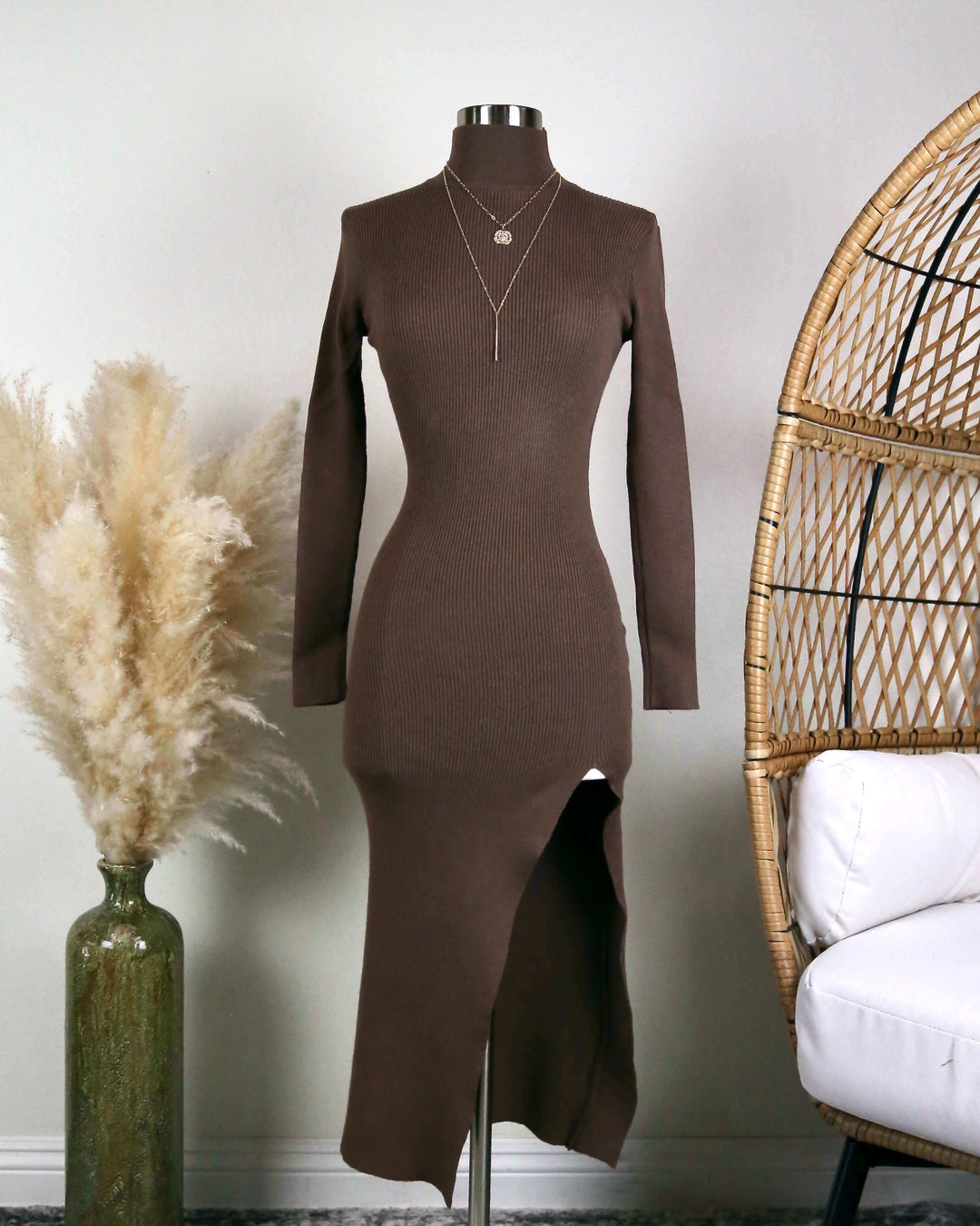 Long Sleeve Ribbed Bodycon Midi Dress With Side Slit in Brown Shop Hearts Long Sleeve Ribbed Bodycon Midi Dress With Side Slit in Brown Shop Hearts