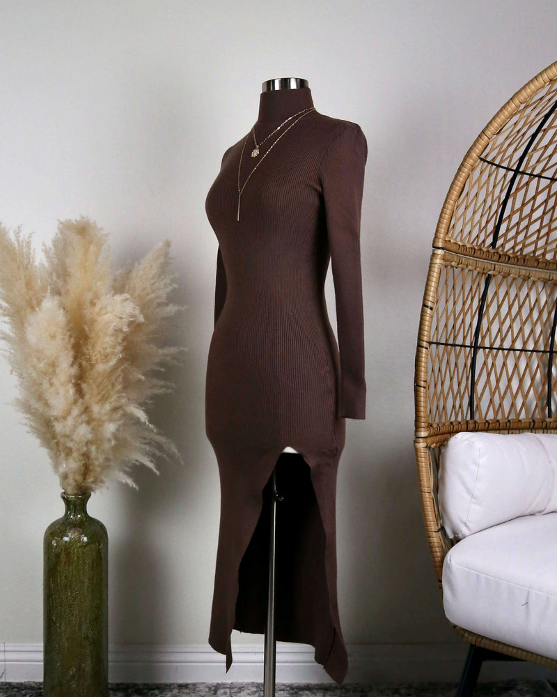 Long Sleeve Ribbed Bodycon Midi Dress With Side Slit in Brown