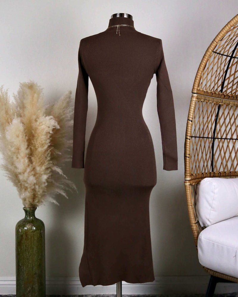 Long Sleeve Ribbed Bodycon Midi Dress With Side Slit in Brown